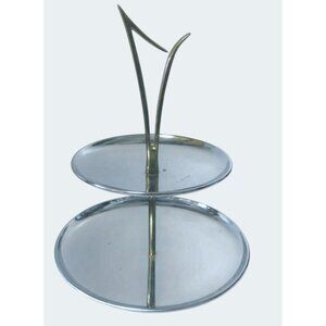 Mid-Century Modern 2-Tier Chrome & Brass Serving Tray With Abstract Handle